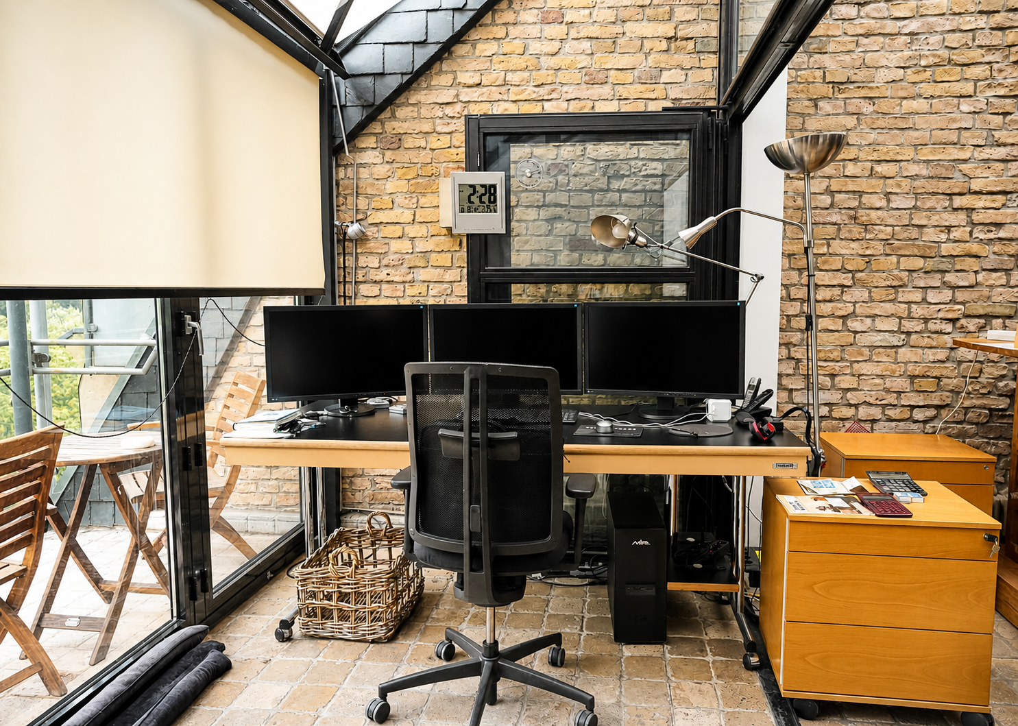Homeoffice-Arbeitsplatz an der Fensterfront im Loft Berlin-Charlottenburg